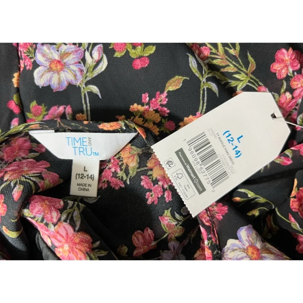 Time and Tru Long Sleeve Floral Ruffle Yoke Shift Dress Black Pink Size Large